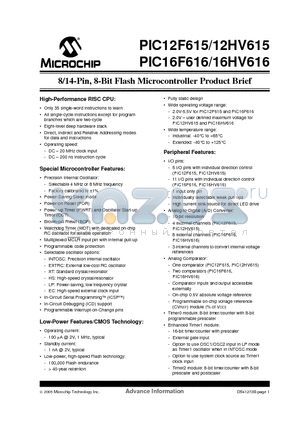 PIC12HV615 datasheet - 8/14-Pin, 8-Bit Flash Microcontroller Product Brief