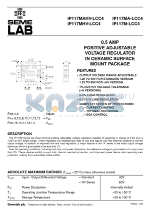 IP117M-LCC4 datasheet - 0.5 AMP POSITIVE ADJUSTABLE VOLTAGE REGULATOR IN CERAMIC SURFACE MOUNT PACKAGE