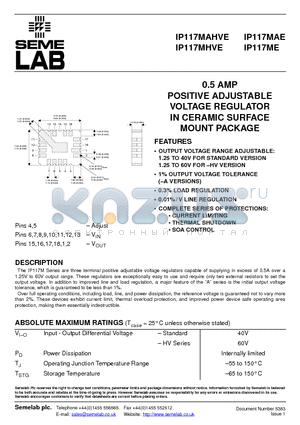 IP117MAE datasheet - 0.5 AMP POSITIVE ADJUSTABLE VOLTAGE REGULATOR IN CERAMIC SURFACE MOUNT PACKAGE