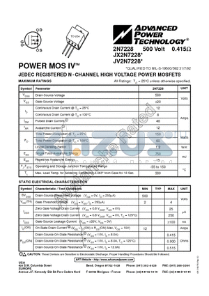 JV2N7228 datasheet - JEDEC REGISTERED N - CHANNEL HIGH VOLTAGE POWER MOSFETS