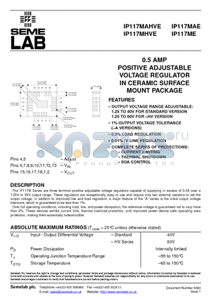 IP117MEA datasheet - 0.5 AMP POSITIVE ADJUSTABLE VOLTAGE REGULATOR IN CERAMIC SURFACE MOUNT PACKAGE