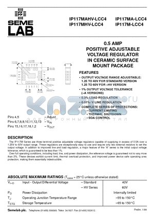 IP117MHV-LCC4 datasheet - 0.5 AMP POSITIVE ADJUSTABLE VOLTAGE REGULATOR IN CERAMIC SURFACE MOUNT PACKAGE