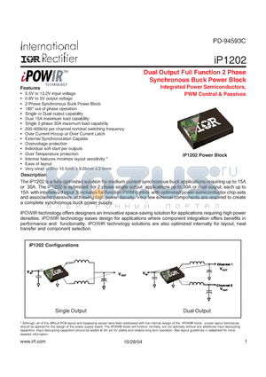 IP1202 datasheet - Dual Output Full Function 2 Phase Synchronous Buck Power Block Integrated Power Semiconductors, PWM Control & Passives