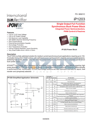 IP1203 datasheet - Single Output Full Function Synchronous Buck Power Block