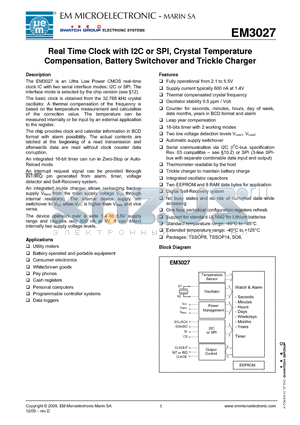 EM3027IDXSO08B datasheet - Real Time Clock with I2C or SPI, Crystal Temperature Compensation, Battery Switchover and Trickle Charger