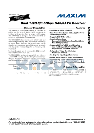 MAX4952B datasheet - Dual 1.5/3.0/6.0Gbps SAS/SATA Redriver