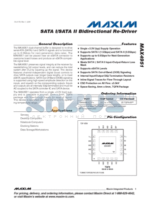 MAX4951CTP+ datasheet - SATA I/SATA II Bidirectional Re-Driver