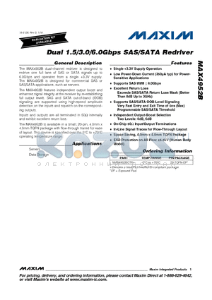 MAX4952BCTP+ datasheet - Dual 1.5/3.0/6.0Gbps SAS/SATA Redriver
