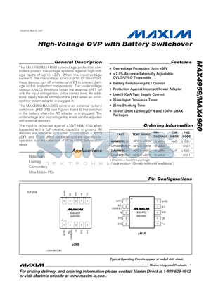 MAX4960 datasheet - High-Voltage OVP with Battery Switchover