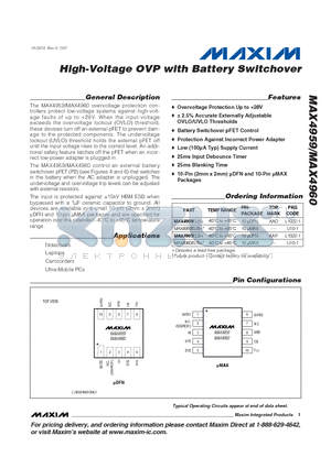 MAX4960ELB+ datasheet - High-Voltage OVP with Battery Switchover