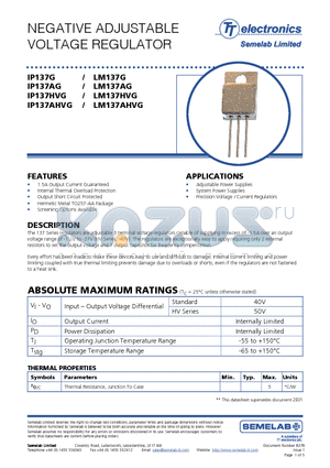 IP137AHVG datasheet - NEGATIVE ADJUSTABLE VOLTAGE REGULATOR