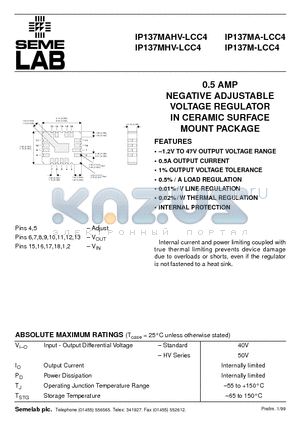 IP137MHV-LCC4 datasheet - 0.5 AMP NEGATIVE ADJUSTABLE VOLTAGE REGULATOR IN CERAMIC SURFACE MOUNT PACKAGE