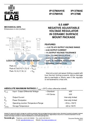 IP137MHVE datasheet - 0.5 AMP NEGATIVE ADJUSTABLE