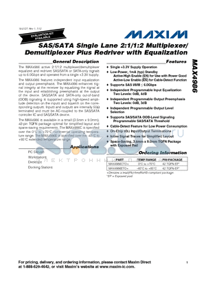 MAX4986CTO+ datasheet - SAS/SATA Single Lane 2:1/1:2 Multiplexer/Demultiplexer Plus Redriver with Equalization