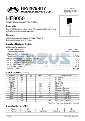 HE8050 datasheet - NPN EPITAXIAL PLANAR TRANSISTOR