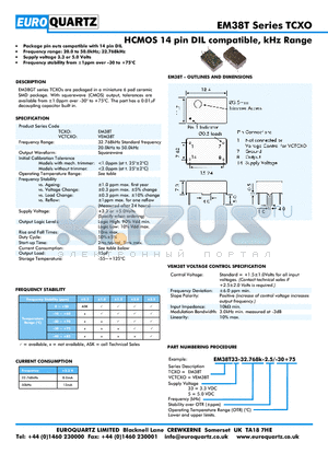 EM38T5-32.768K-2.5-30 datasheet - HCMOS 14 pin DIL compatible, kHz Range