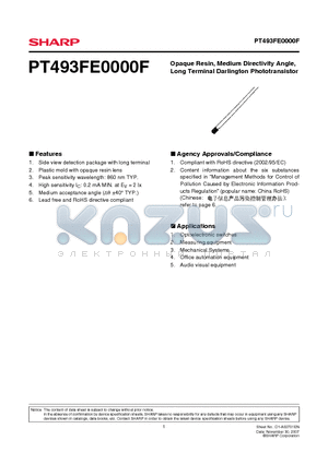 PT493FE0000F datasheet - Opaque Resin, Medium Directivity Angle, Long Terminal Darlington Phototransistor