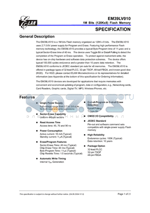 EM39LV010 datasheet - 1M Bits (128Kx8) Flash Memory