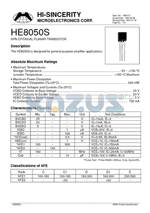 HE8050S datasheet - NPN EPITAXIAL PLANAR TRANSISTOR