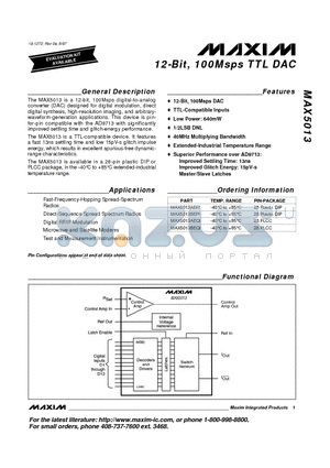 MAX5013AEQI datasheet - 12-Bit, 100Msps TTL DAC