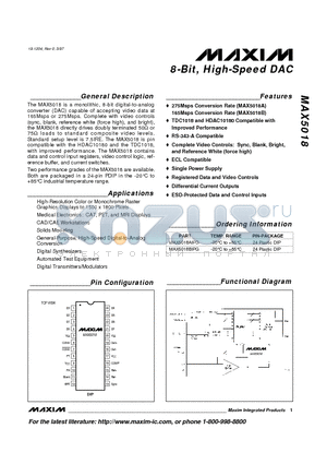 MAX5018 datasheet - 8-Bit, High-Speed DAC