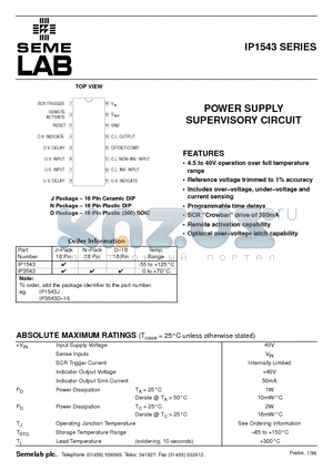 IP1543 datasheet - POWER SUPPLY SUPERVISORY CIRCUIT