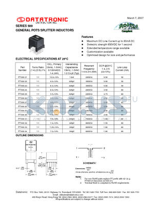 PT500-25 datasheet - GENERAL POTS SPLITTER INDUCTORS