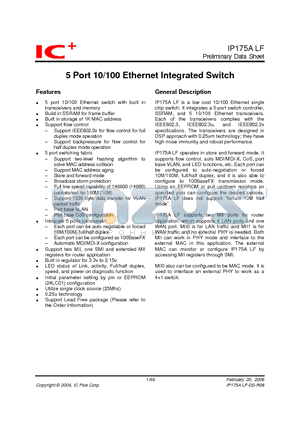 IP175ALF-DS-R01 datasheet - 5 Port 10/100 Ethernet Integrated Switch