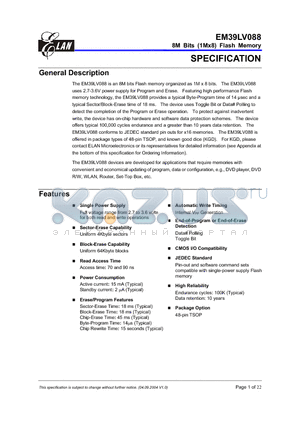 EM39LV088-70D datasheet - 8M Bits (1Mx8) Flash Memory