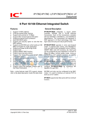 IP178C-DS-R04 datasheet - 8 Port 10/100 Ethernet Integrated Switch