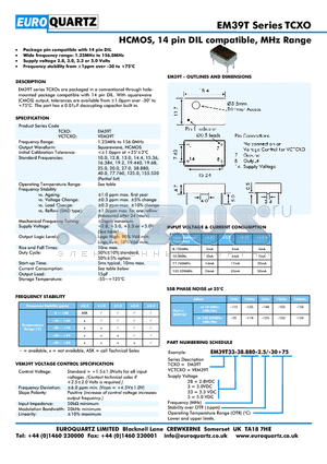 EM39T datasheet - HCMOS, 14 pin DIL compatible, MHz Range