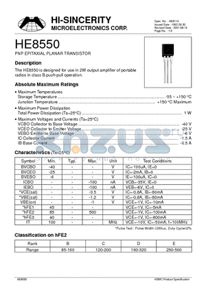 HE8550 datasheet - PNP EPITAXIAL PLANAR TRANSISTOR