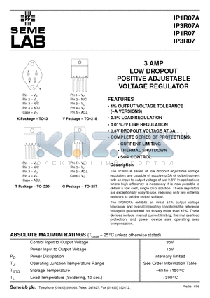 IP1R07A datasheet - 3 AMP LOW DROPOUT POSITIVE ADJUSTABLE VOLTAGE REGULATOR