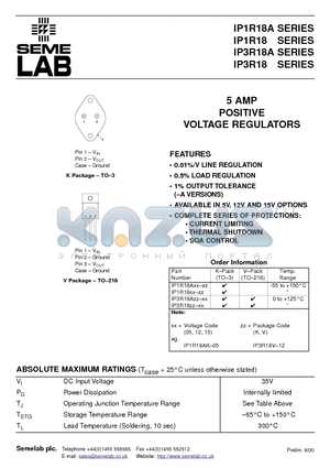 IP1R18A datasheet - 5 AMP POSITIVE VOLTAGE REGULATORS