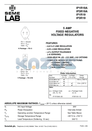 IP1R19-05 datasheet - 5 AMP FIXED NEGATIVE VOLTAGE REGULATORS