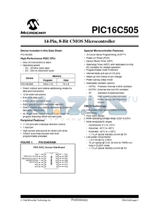 PIC16C505-20I/JW datasheet - 14-Pin, 8-Bit CMOS Microcontroller