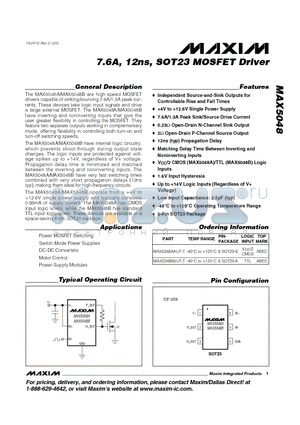 MAX5048 datasheet - 7.6A, 12ns, SOT23 MOSFET Driver