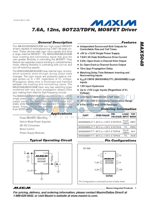 MAX5048AATT-T datasheet - 7.6A, 12ns, SOT23/TDFN, MOSFET Driver