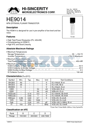HE9014 datasheet - NPN EPITAXIAL PLANAR TRANSISTOR