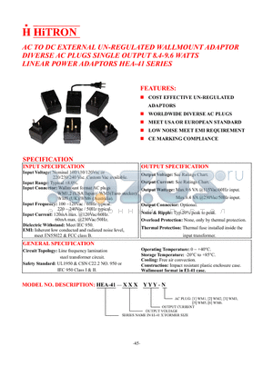 HEA-41-050130-2 datasheet - AC TO DC EXTERNAL UN-REGULATED WALLMOUNT ADAPTOR DIVERSE AC PLUGS SINGLE OUTPUT 8.4-9.6 WATTS LINEAR POWER ADAPTORS