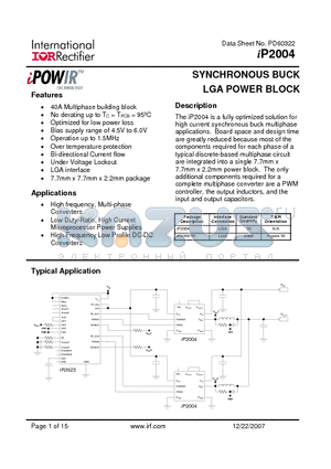 IP2004 datasheet - SYNCHRONOUS BUCK LGA POWER BLOCK