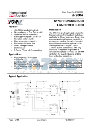 IP2004TR datasheet - SYNCHRONOUS BUCK LGA POWER BLOCK