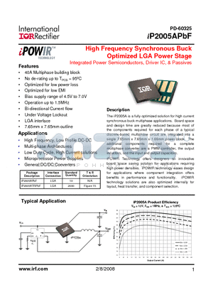 IP2005APBF datasheet - High Frequency Synchronous Buck Optimized LGA Power Stage