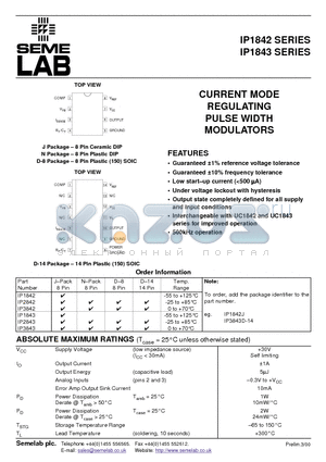 IP2843 datasheet - CURRENT MODE REGULATING PULSE WIDTH MODULATORS