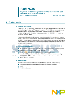 IP3047CX6 datasheet - Integrated dual channel passive LC-filter network with ESD protection to IEC 61000-4-2 level 4