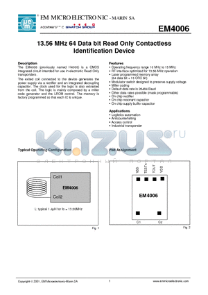 EM4006F9WW21 datasheet - 13.56 MHz 64 Data bit Read Only Contactless Identification Device