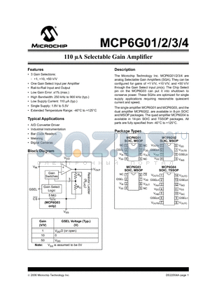 MCP6G01 datasheet - 110 lA Selectable Gain Amplifier