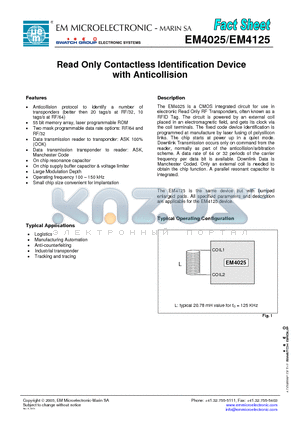 EM4025 datasheet - Read Only Contactless Identification Device with Anticollision