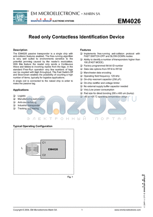 EM4026 datasheet - Read only Contactless Identification Device