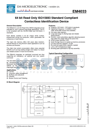 EM4033 datasheet - 64 bit Read Only ISO15693 Standard Compliant Contactless Identification Device